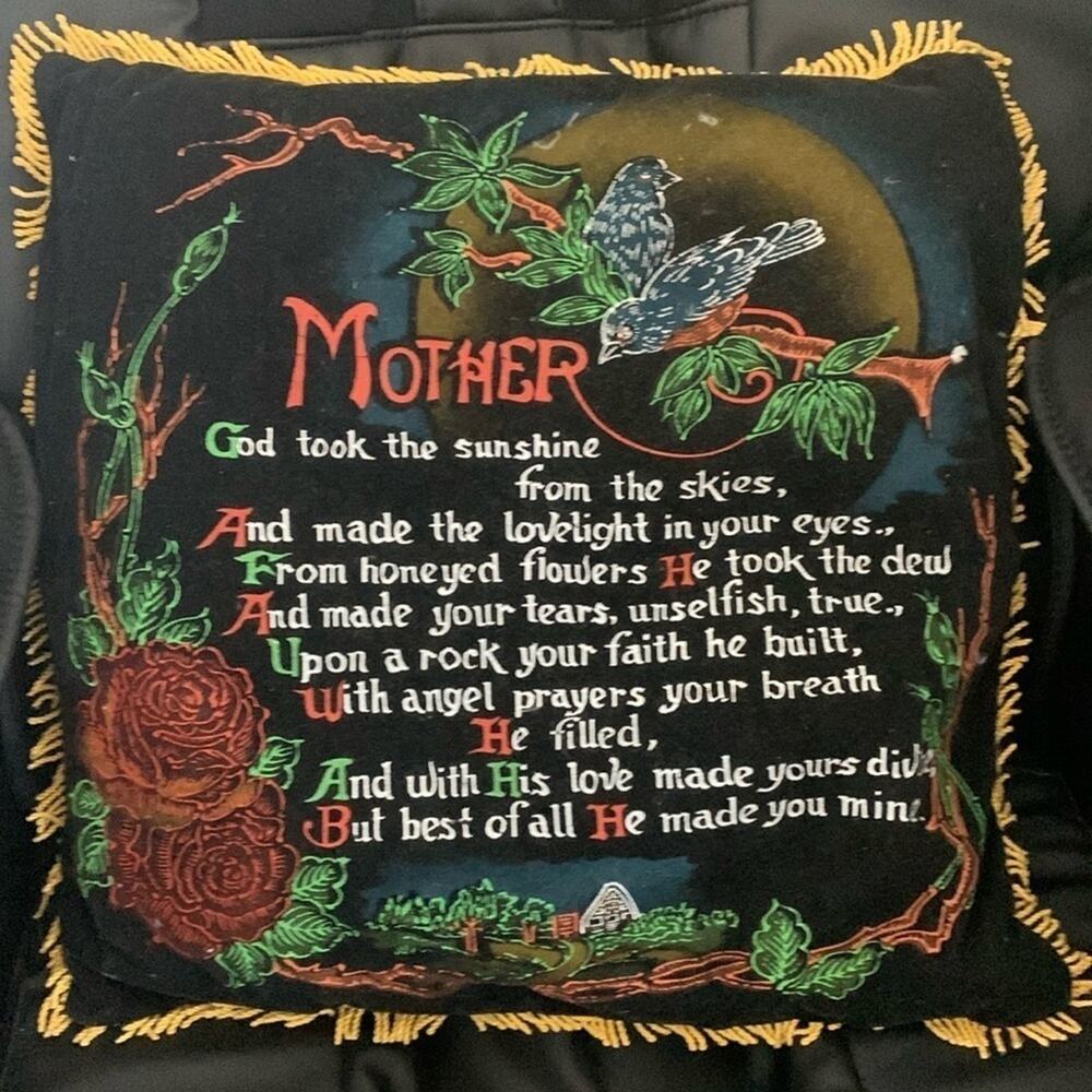 Mother Vintage Velvet Fringed Pillow Cotton Back Birds Roses Poem 1960s